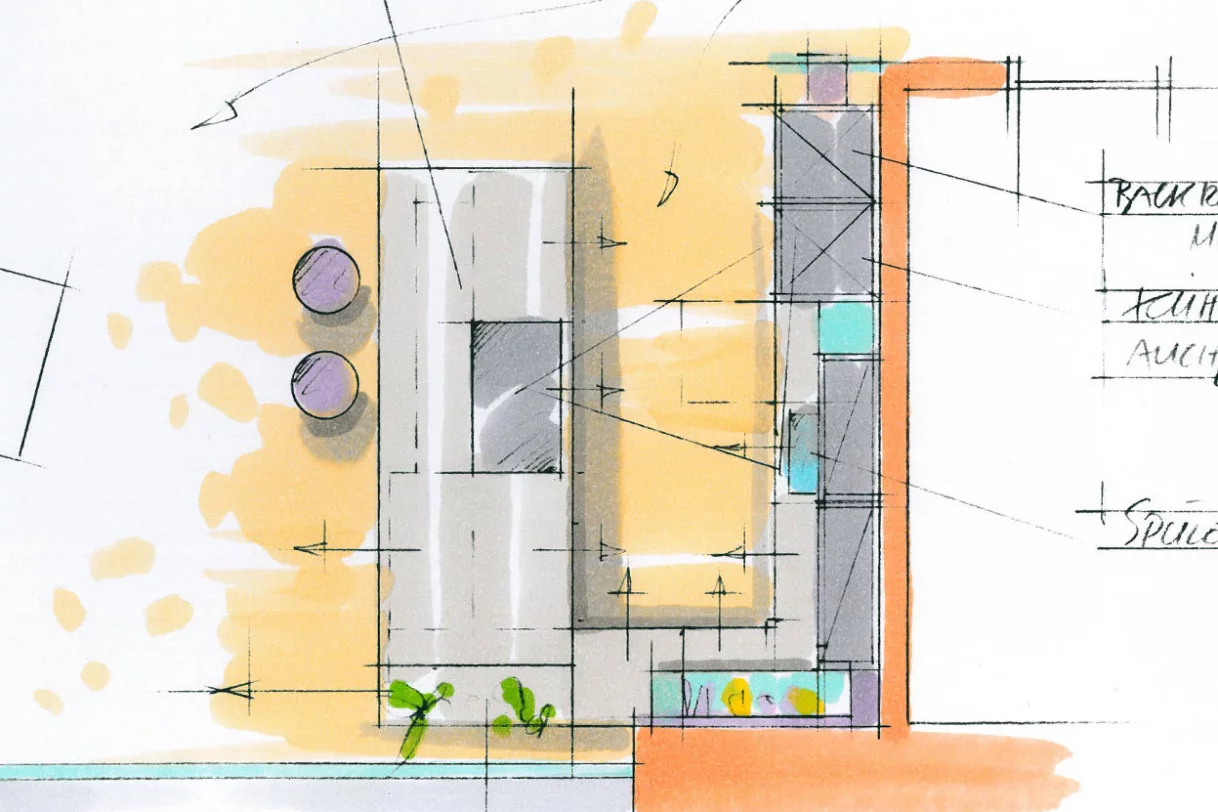 Detailansicht einer Küchenplanung mit maßgeschneiderter Raumaufteilung und farbigen Akzenten.