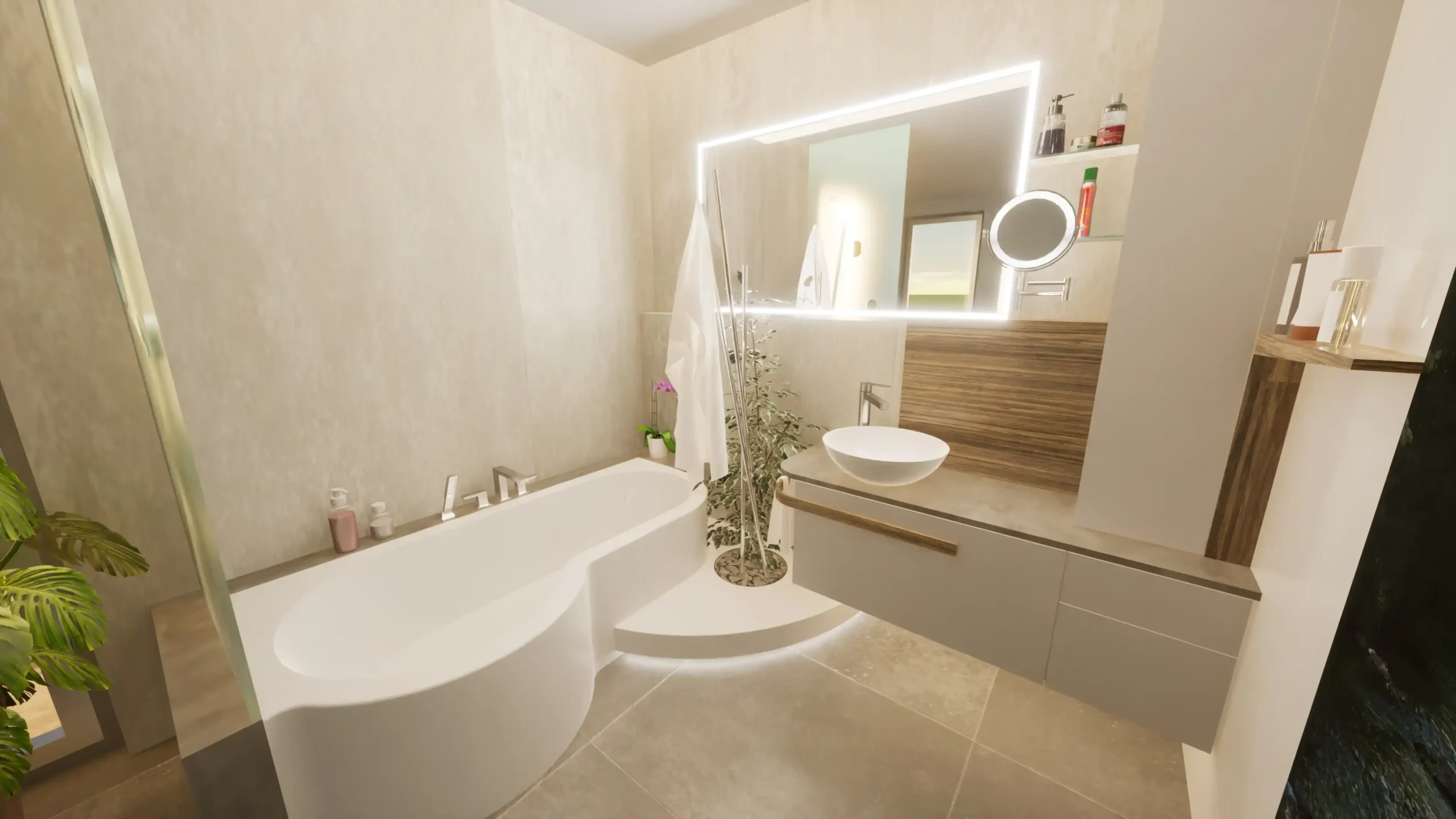 Ein kleines Badezimmer mit stimmungsvoller Dämmerungsbeleuchtung und Natur-Motiv.