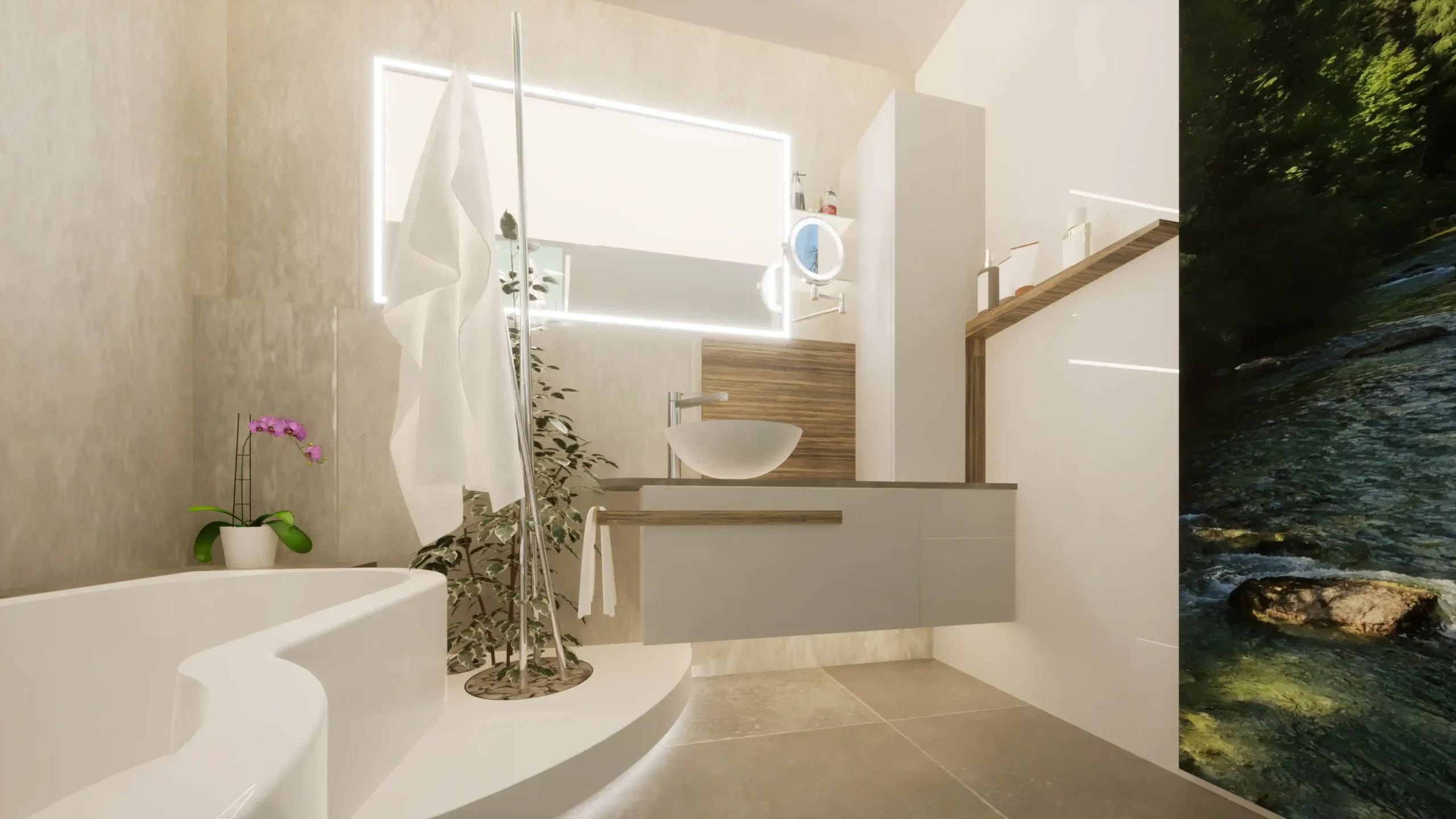 Ein kleines Badezimmer mit Tageslicht, modernen Fliesen und funktionalem Stauraum.