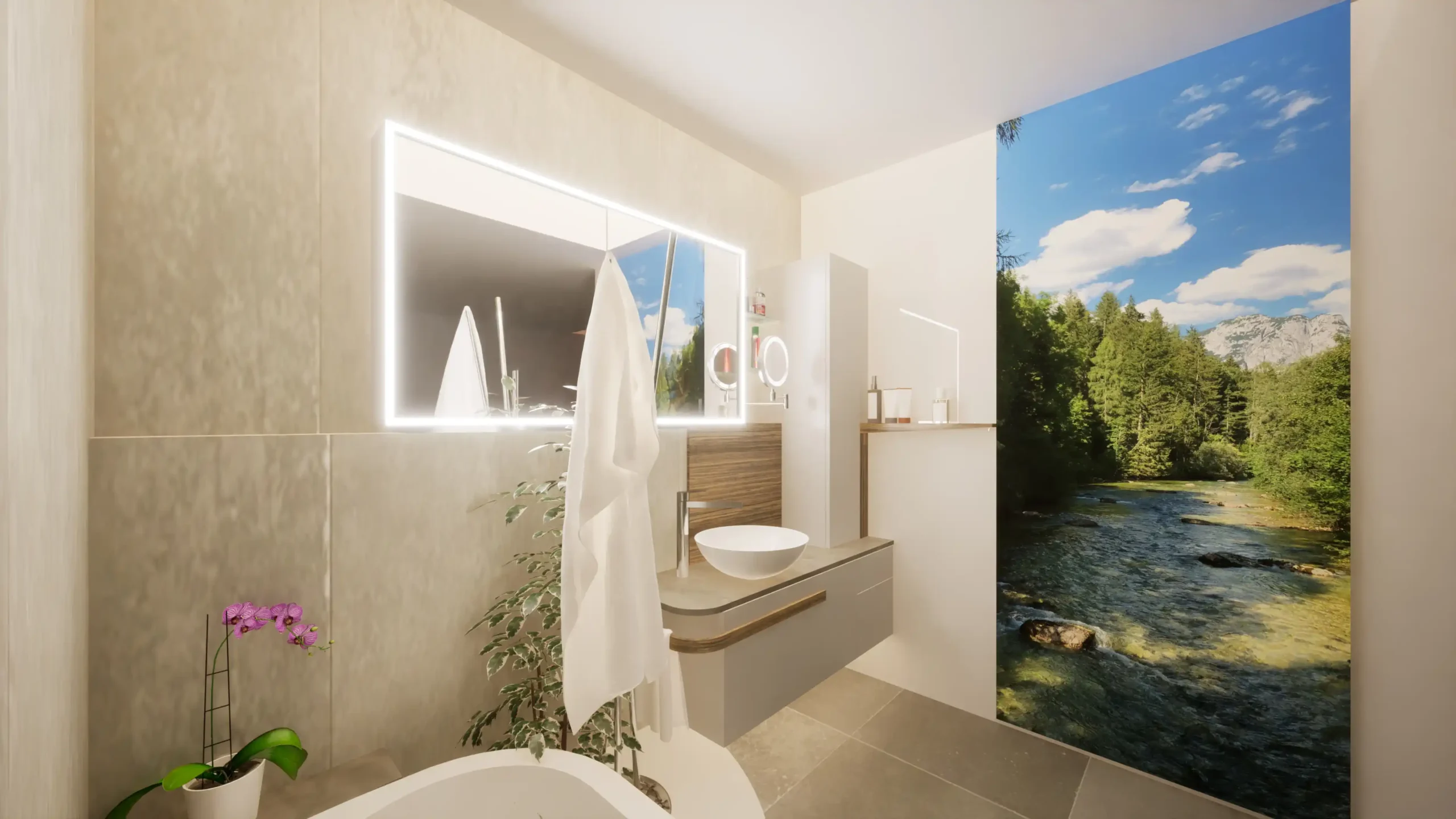 Ein kleines modernes Badezimmer mit Blick ins Freie und maßgeschneiderten Möbeln.