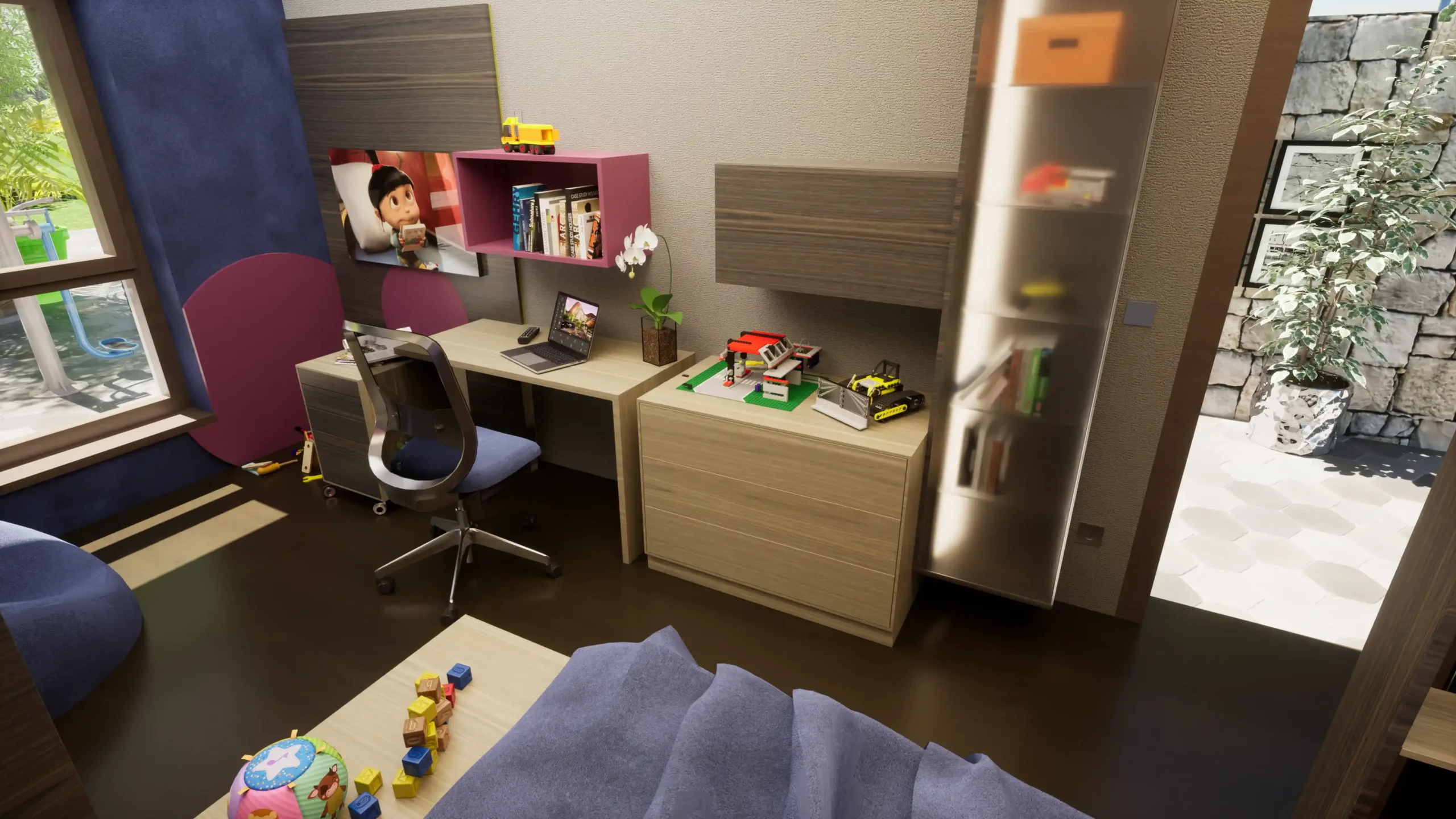 Schreibtischbereich mit kreativer Ausstattung im Kinderzimmer