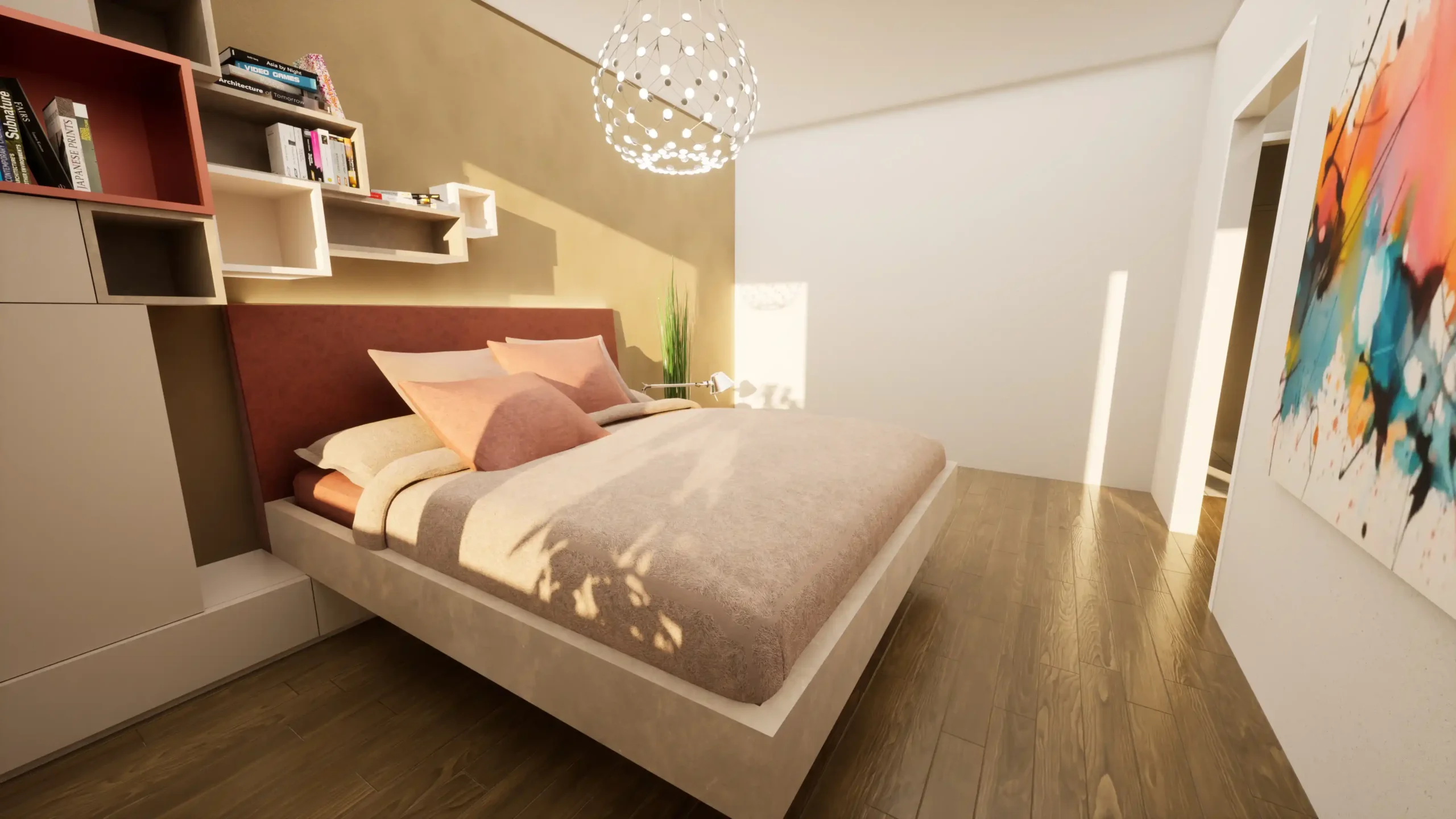 Kleines Schlafzimmer mit indirekter Beleuchtung hinter dem Kopfteil des Bettes.