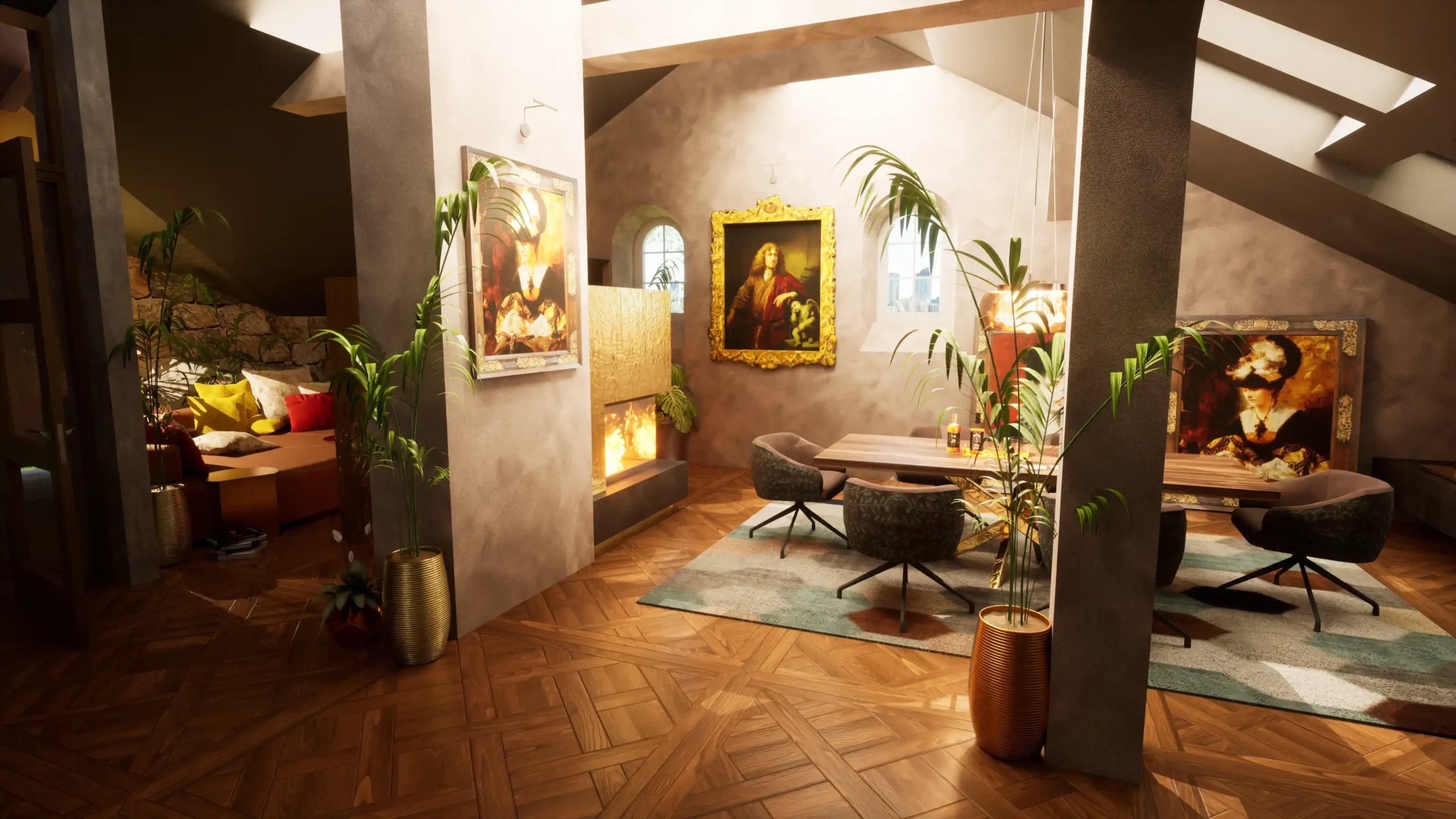 Kaminbereich mit goldener Wandverkleidung, Liegemöbeln und flauschigen Kissen.