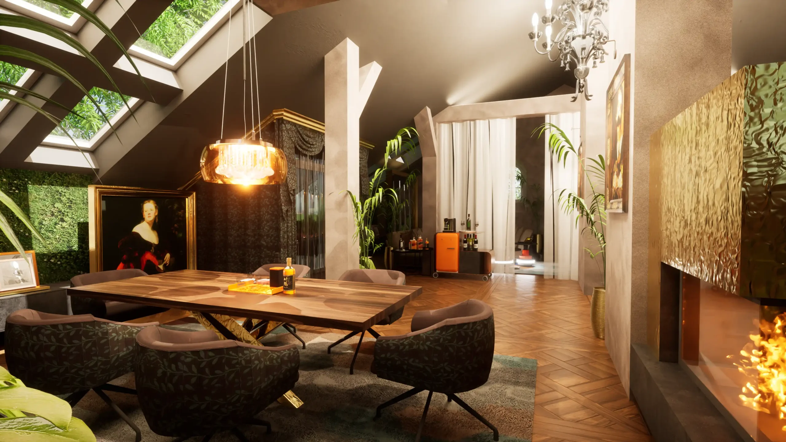 Familienraum mit großem Holztisch, Sitzmöbeln und Naturbildern an den Wänden.