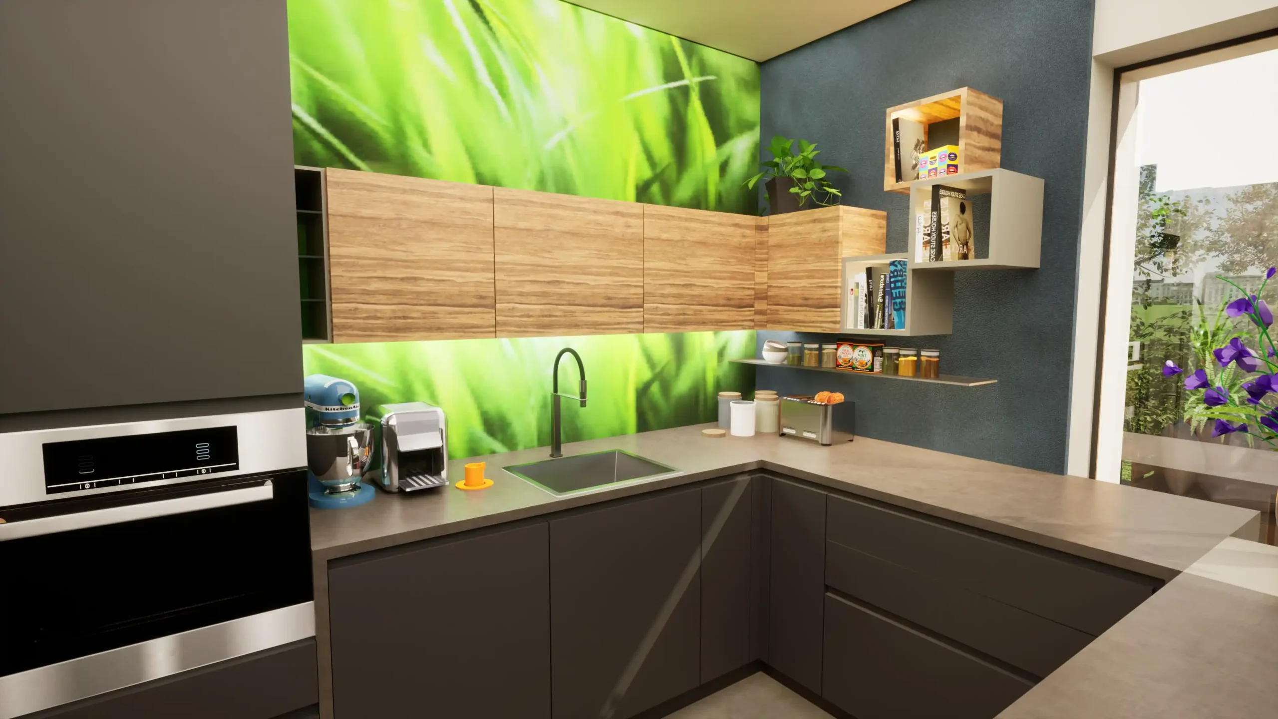 Detailansicht der Spüle mit zusätzlicher Wasserstelle neben dem Kochfeld.