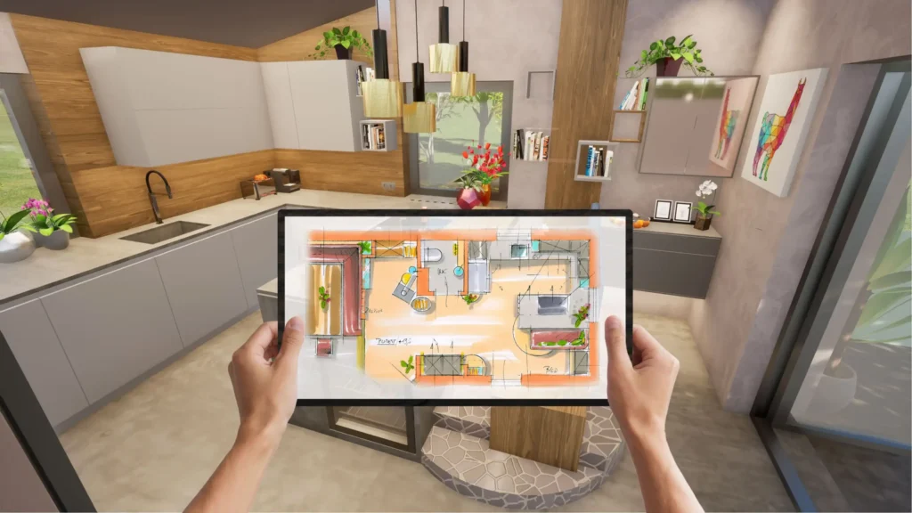 Moderne Küche mit Tablet-Planung, grauer Arbeitsplatte, Holzelementen und stilvollen Dekorationen.