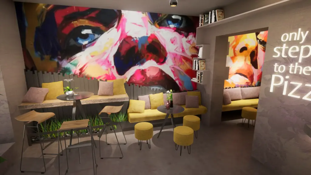 Eingangsbereich der Pizzeria mit farbenfrohem Wandbild, Sitzmöglichkeiten und einzigartigem Design.