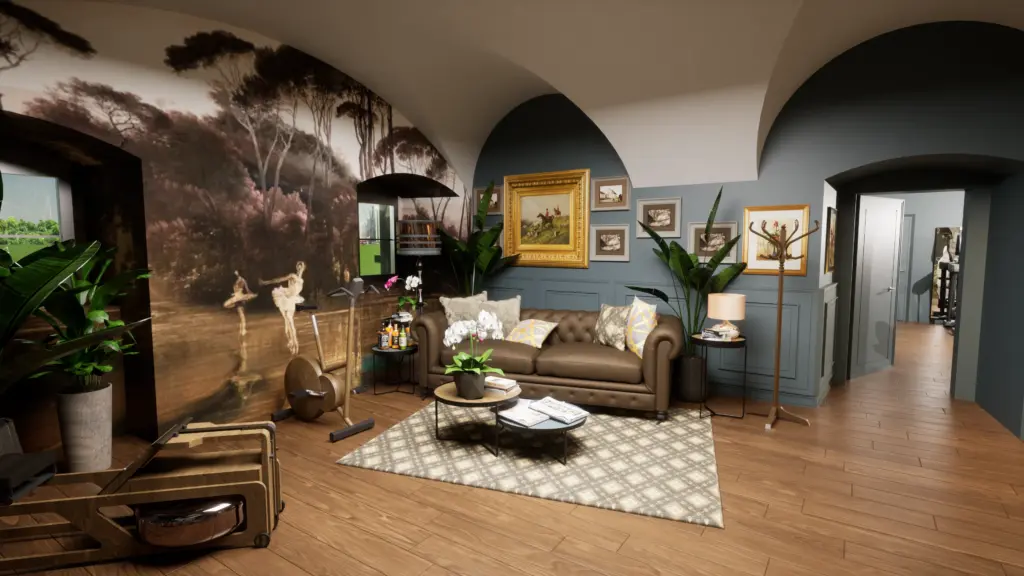 Loungezone mit Ledersofa, Naturtapete, Gemälden und Pflanzen im Bodyfit Showroom für persönliche Beratungsgespräche.
