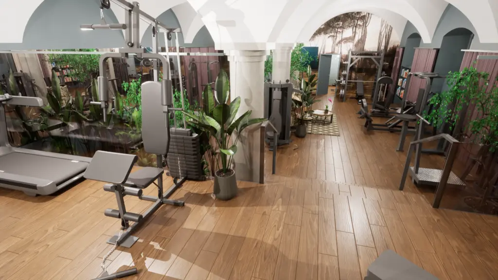 Fitnessgeräte unter weißen Gewölben mit Spiegelwänden und begrünten Akzenten im Showroom von Bodyfit.