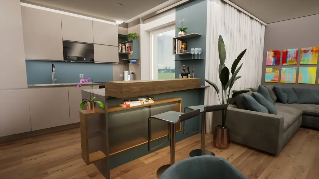 Essbereich mit Holztisch, Designerleuchte und Blick zur Küche