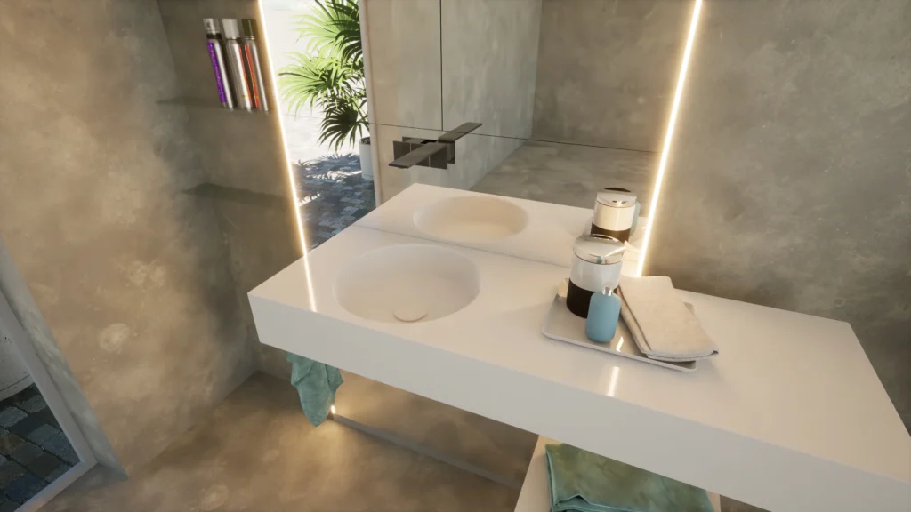 RENJE Bad-Upgrade Waschtischmodul mit großem Spiegel, Lichtlinie und weißem Waschtisch im Badezimmer.