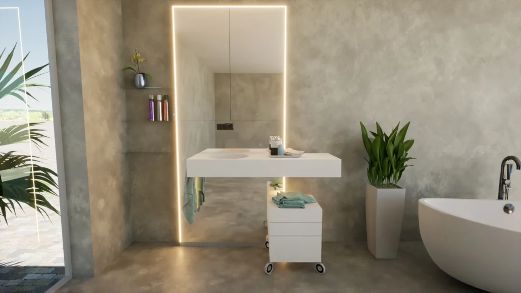 Badezimmer mit RENJE Bad-Upgrade Waschtischmodul, beleuchtetem Spiegel und mobilem Stauraumelement.